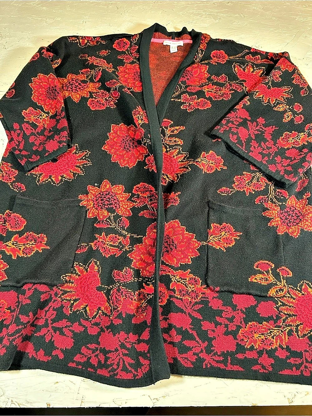 Isaac Mizrahi Live! Floral Jacquard Open Front Cardigan! Black & Red 1x